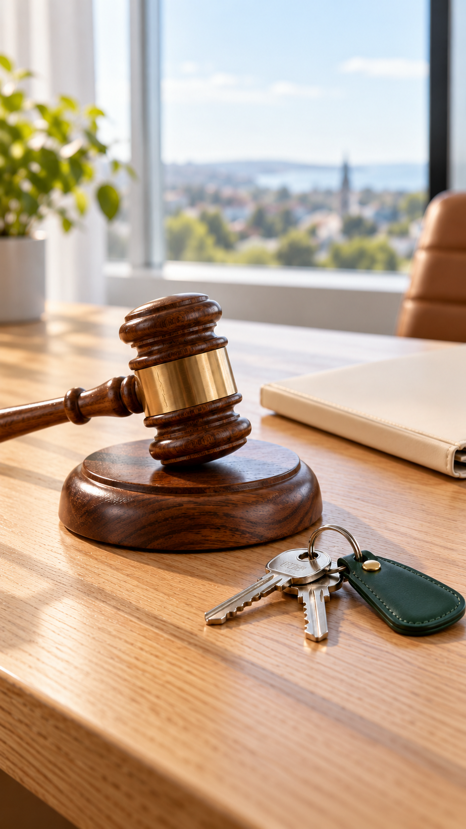 Wooden property auctioneer's gavel, house keys and a property folder on a desk