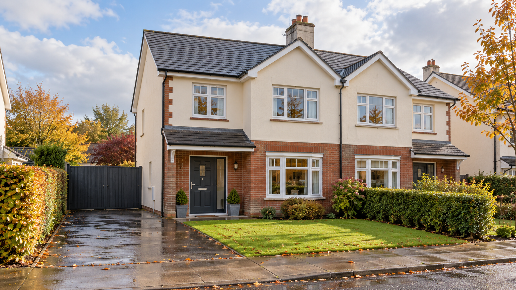 Modern semi-detached house with a landscaped front garden and driveway