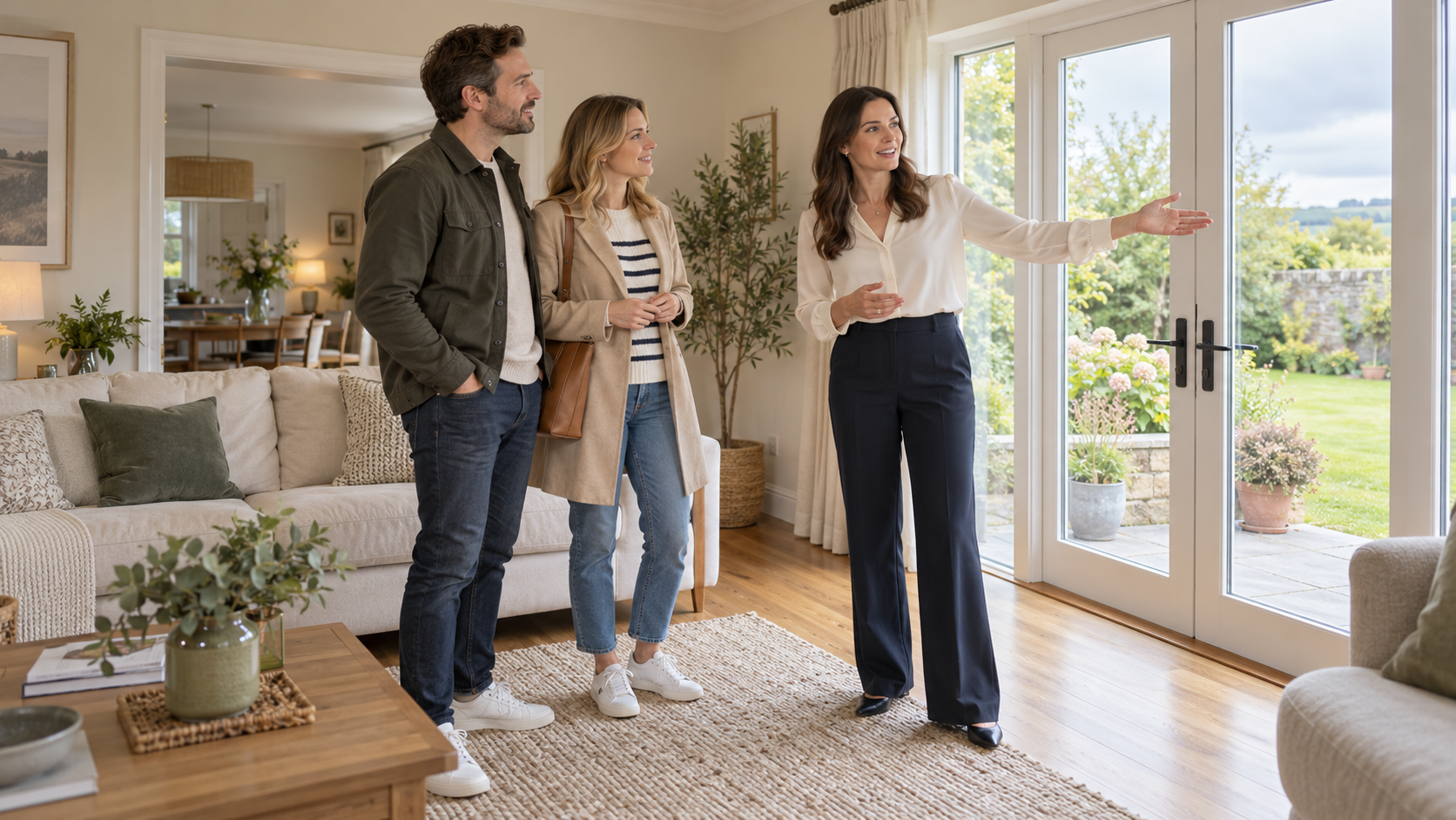 Estate agent showing a couple around a bright home while discussing the property's features