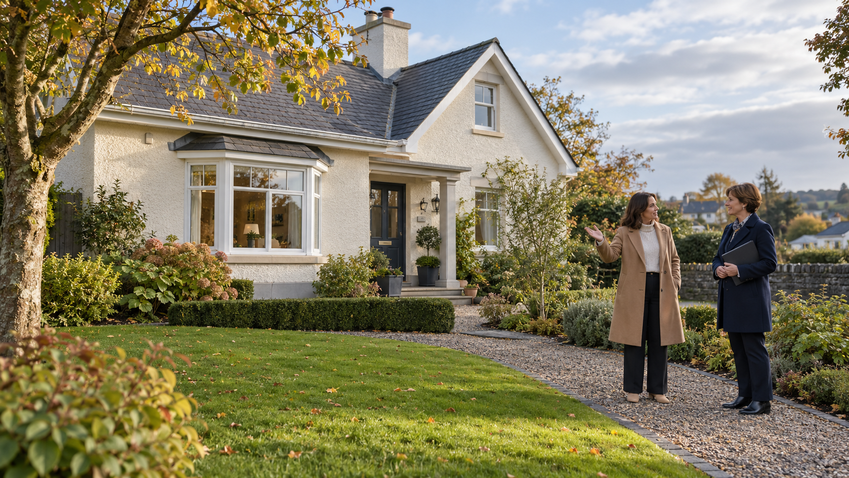 Auctioneers discussing a residential property outside a well-maintained Limerick home