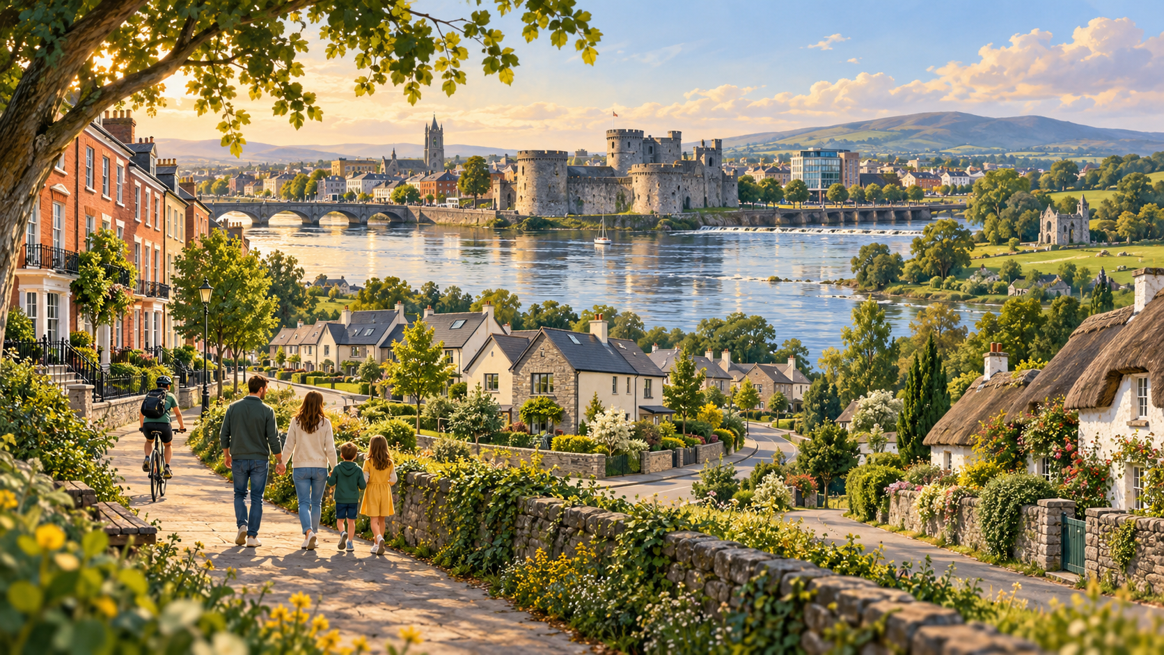 Family walking through a leafy Limerick neighbourhood overlooking the River Shannon and King John's Castle
