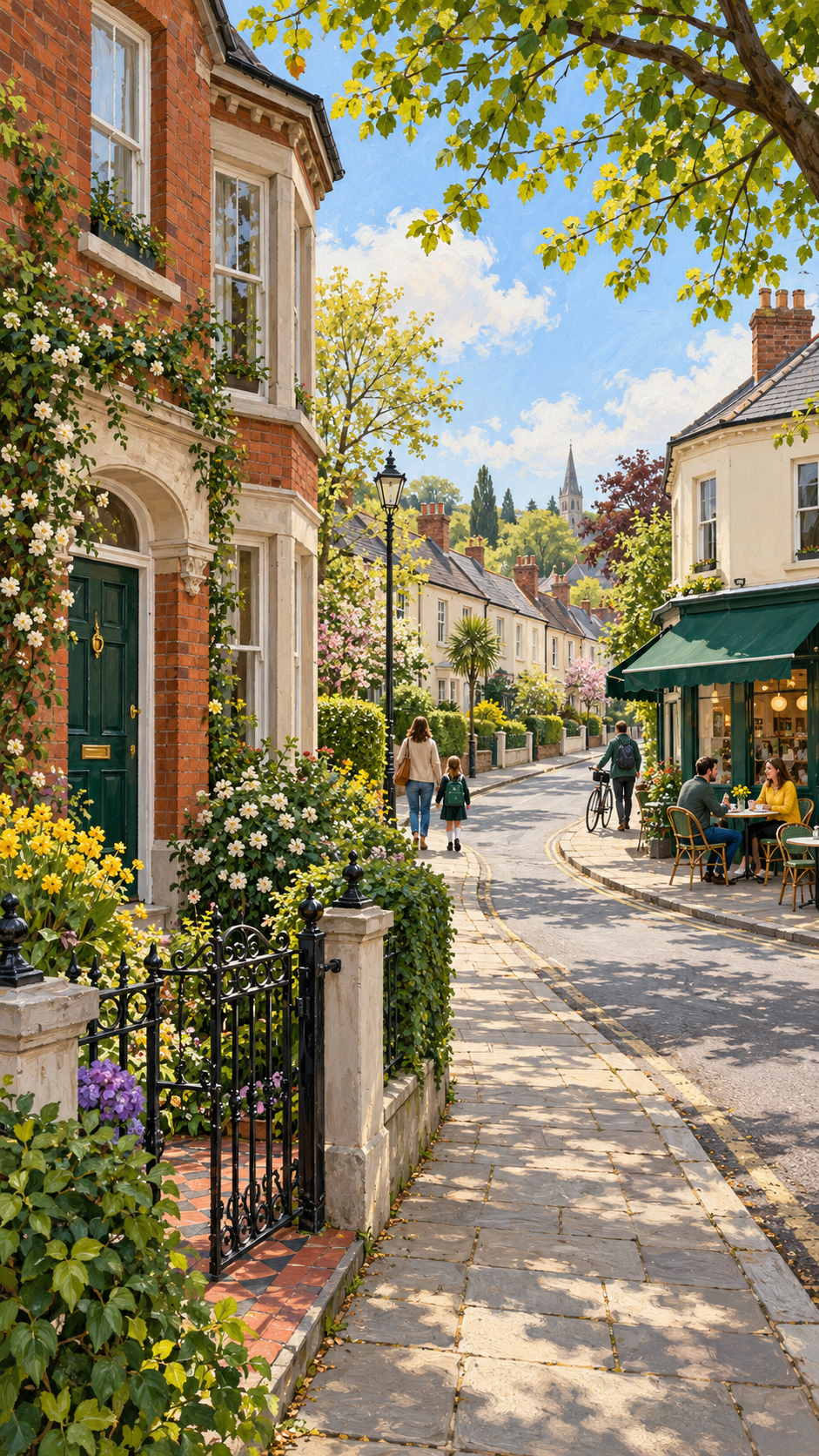 Leafy Limerick street with period homes, gardens, a café and local residents walking and cycling